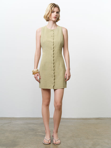 Linen Button-Through Scallop Green Mini Dress