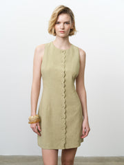 Linen Button-Through Scallop Green Mini Dress