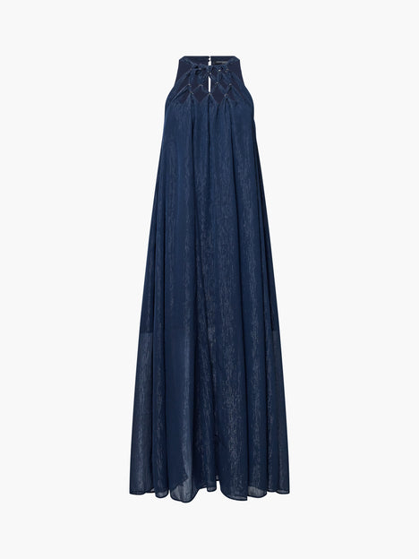 Beth Lurex Navy Trim Halterneck Maxi Dress