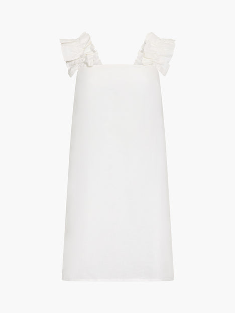 Birdie Linen Blend Ruffle Straps White Mini Dress