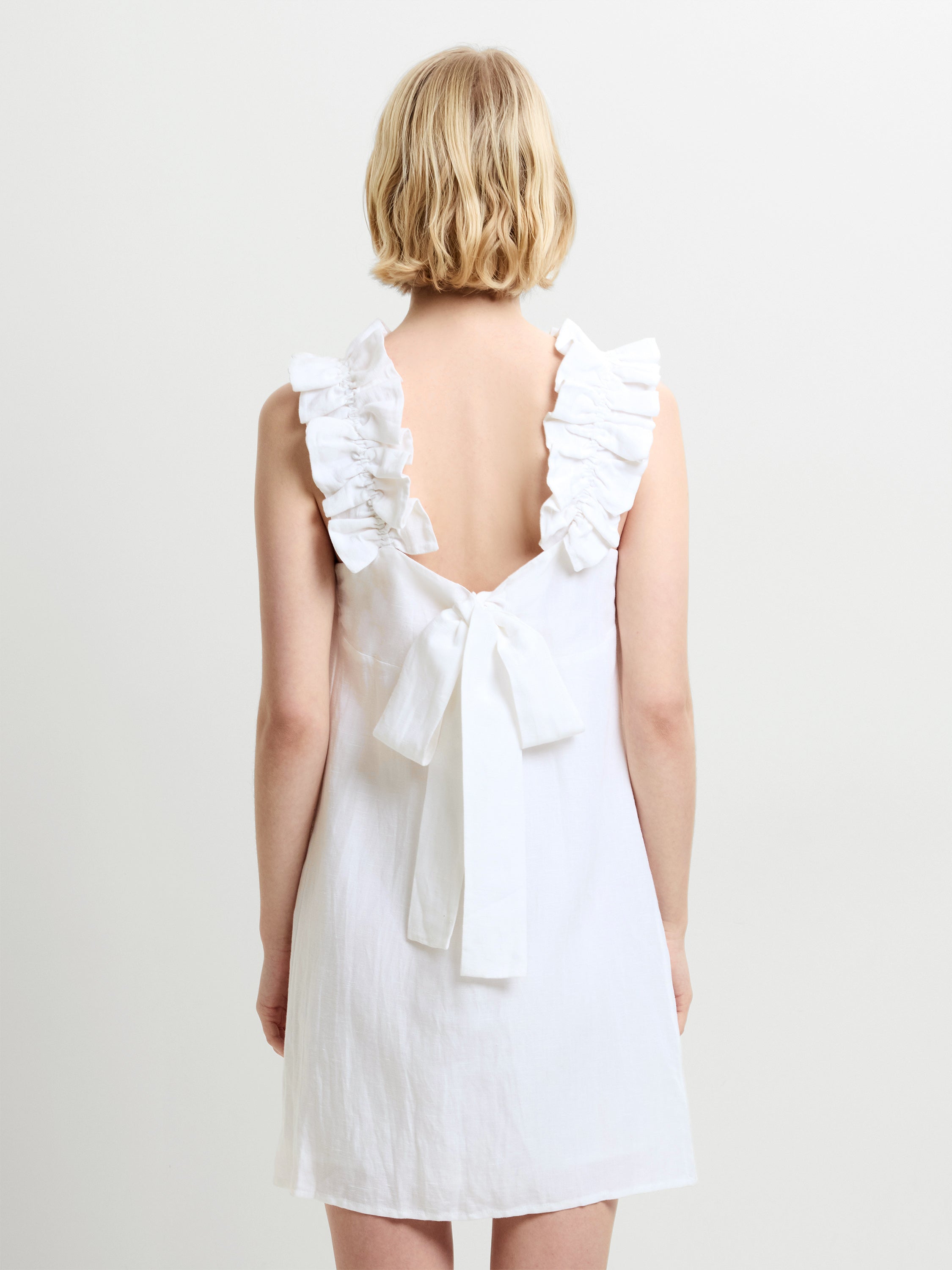 Birdie Linen Blend Ruffle Straps White Mini Dress
