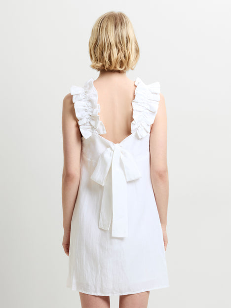 Birdie Linen Blend Ruffle Straps White Mini Dress