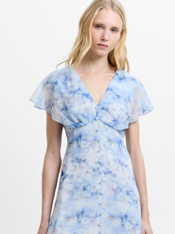 Daisy Flutter Sleeve Blue Floral Midi Dress