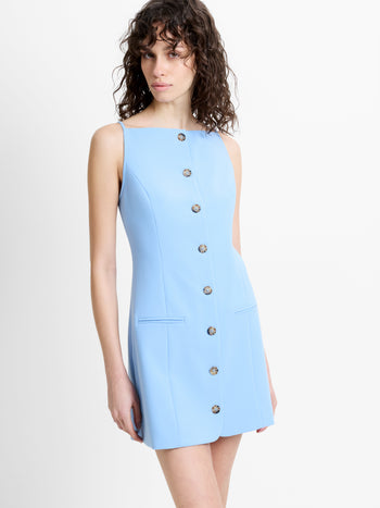 Azra Twill Sleeveless Faux Button Light Blue Mini Dress