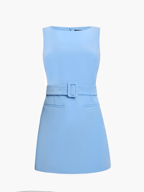Azra Twill Tailored Belted Light Blue Mini Dress