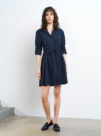 Cambria Cotton Cinched Waist Navy Mini Shirt Dress