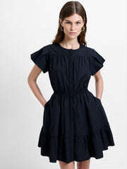 Era Poplin Flutter Sleeve Tiered Black Mini Dress