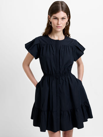 Era Poplin Flutter Sleeve Tiered Black Mini Dress