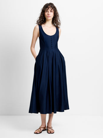 Cotton Sateen Scoop Neck Navy Fit-and-Flare Midi Dress