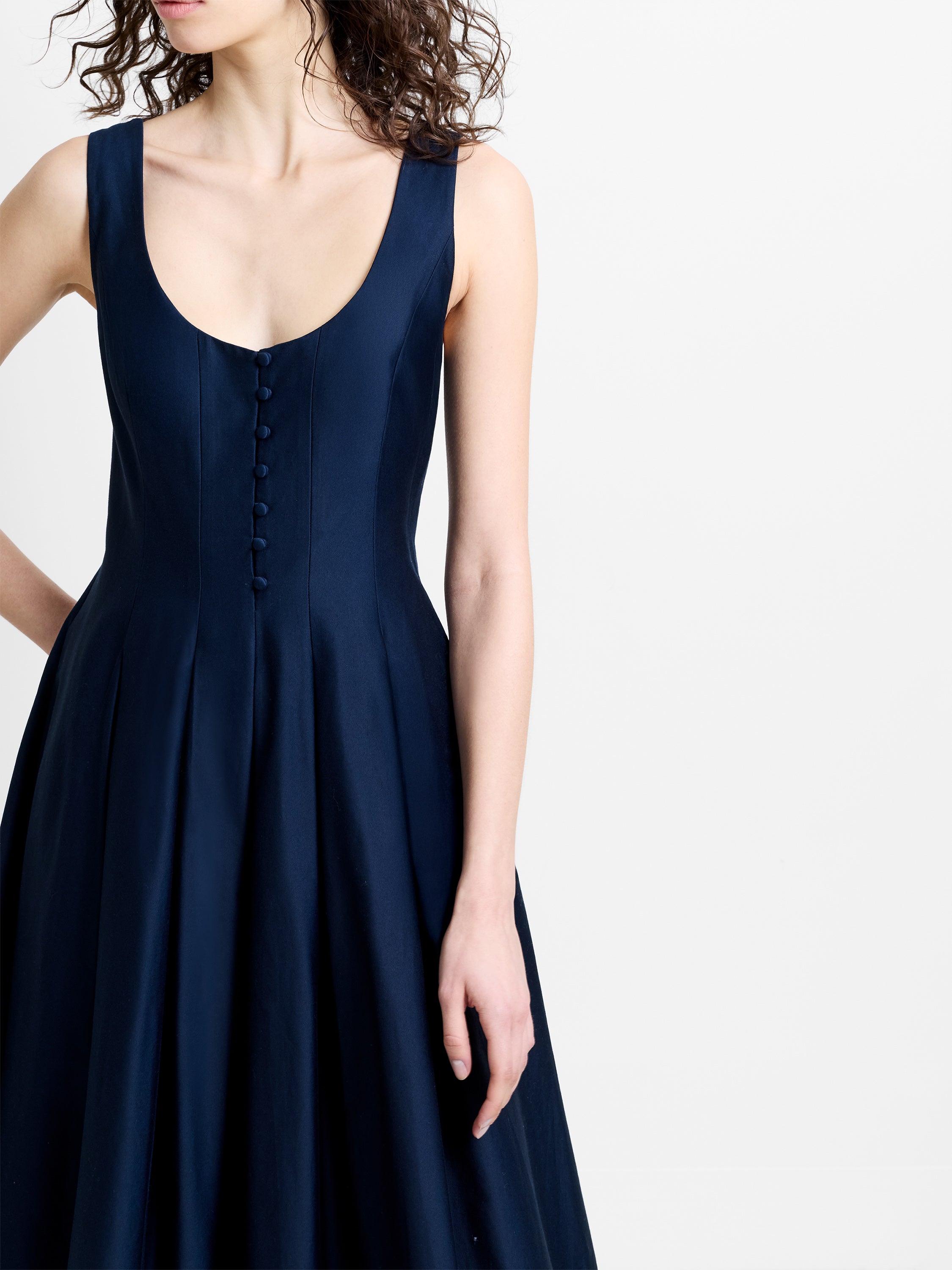 Cotton Sateen Scoop Neck Navy Fit-and-Flare Midi Dress