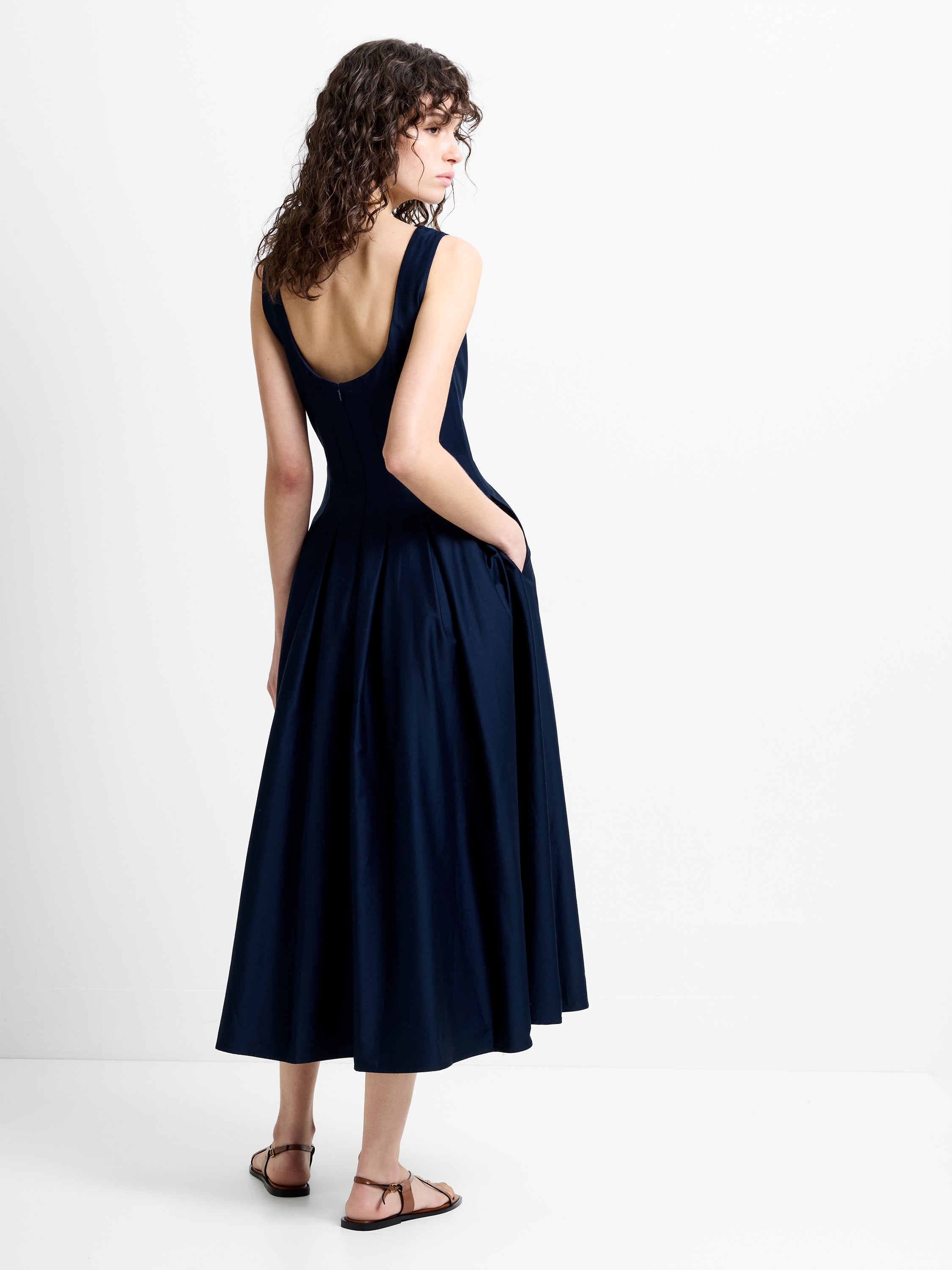 Cotton Sateen Scoop Neck Navy Fit-and-Flare Midi Dress