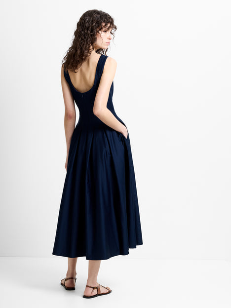 Cotton Sateen Scoop Neck Navy Fit-and-Flare Midi Dress