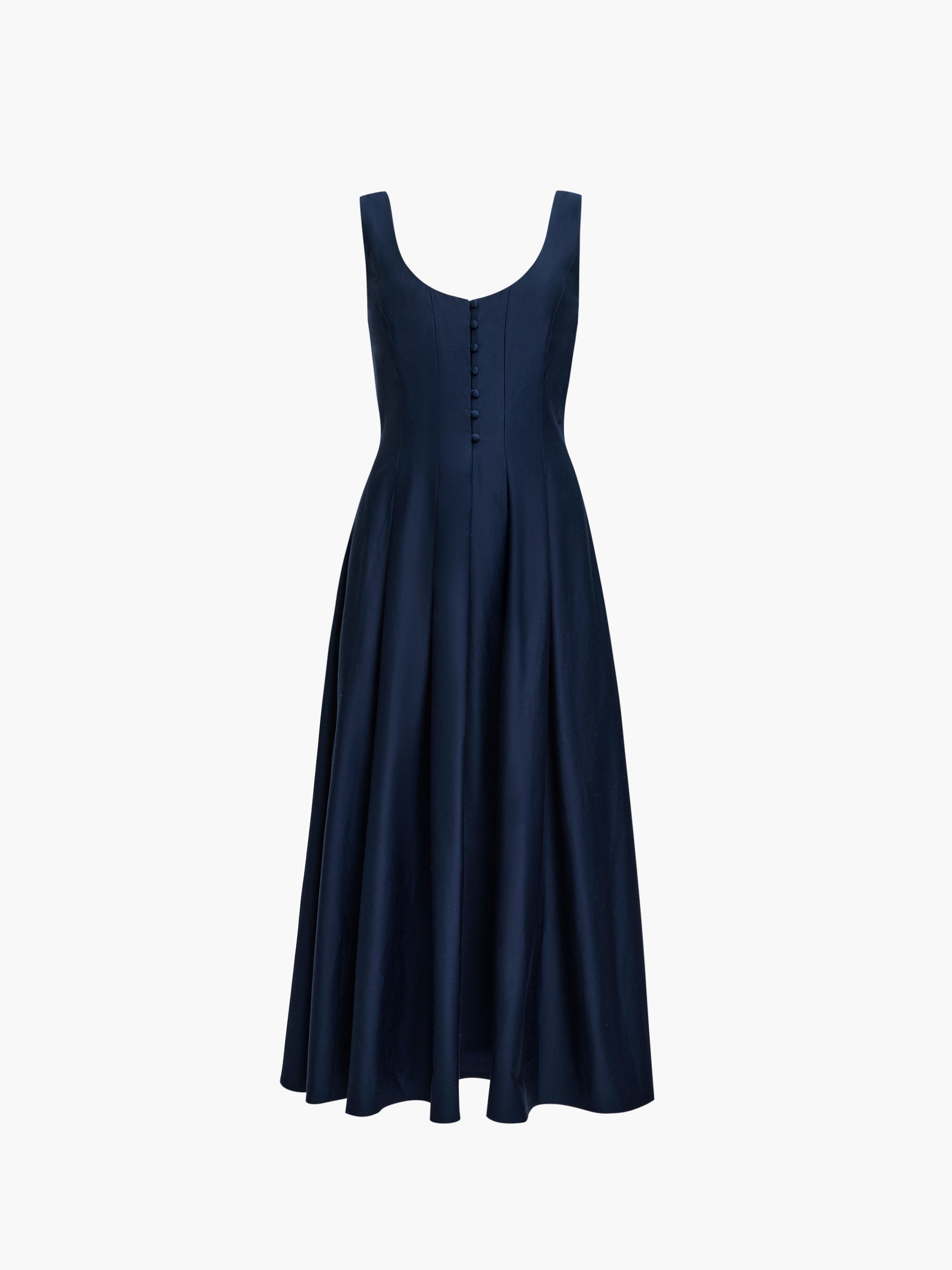 Cotton Sateen Scoop Neck Navy Fit-and-Flare Midi Dress