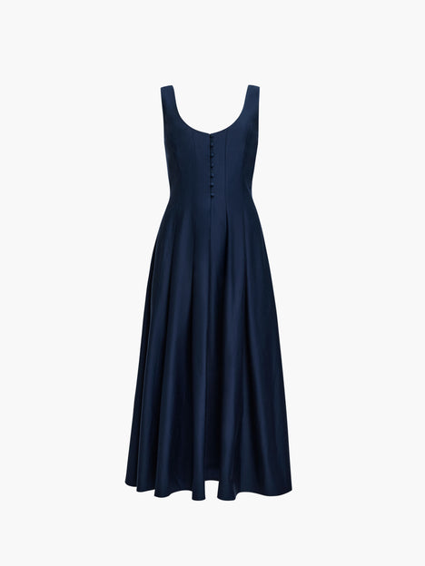 Cotton Sateen Scoop Neck Navy Fit-and-Flare Midi Dress