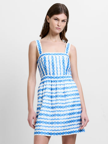 Structured Taffeta Blue Shell Print Mini Dress