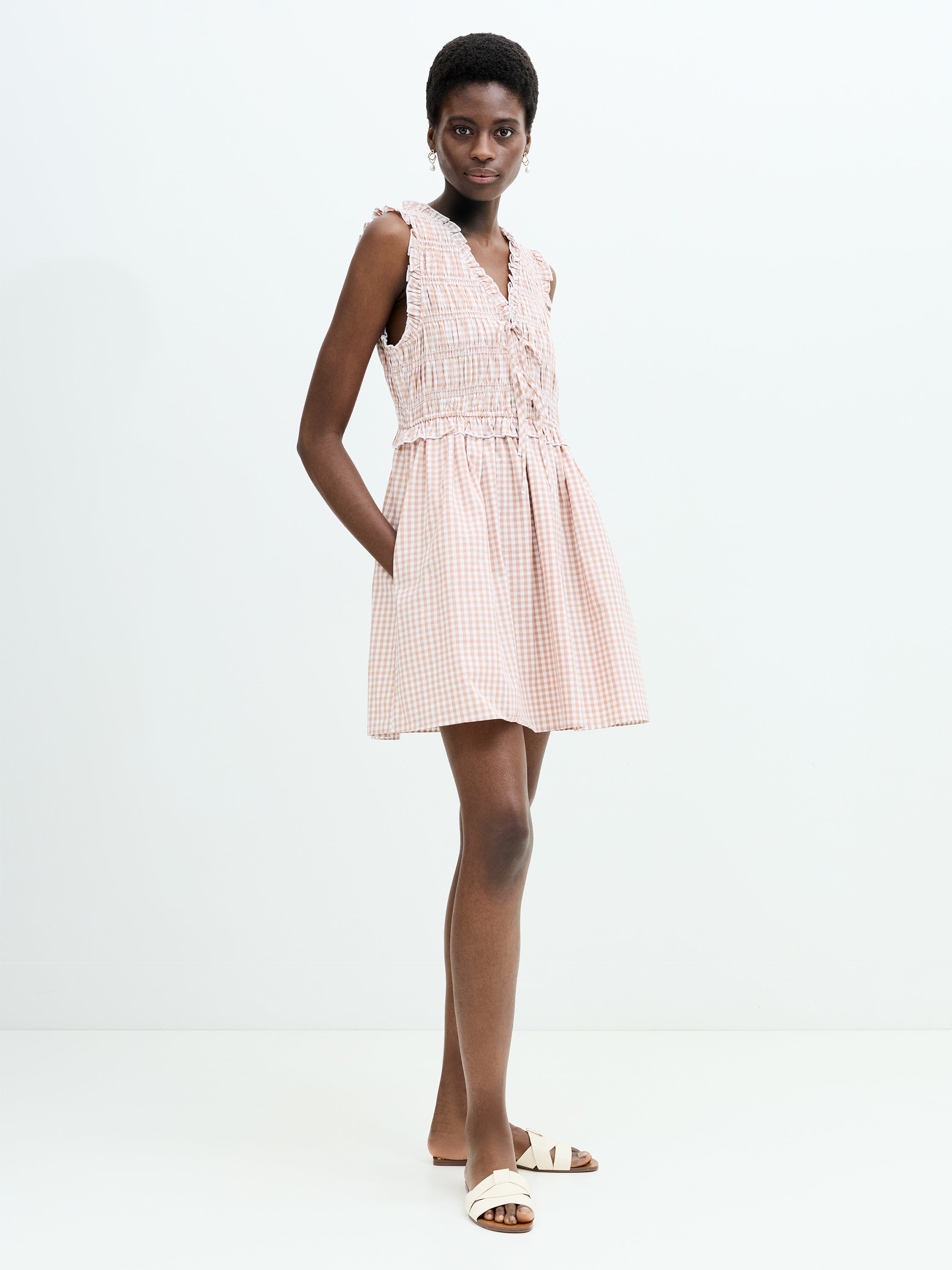 Rhodes Poplin Ruffle Gingham Smocked Mini Dress