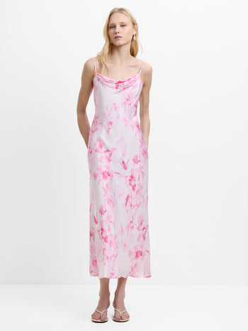 Oona Satin Cowl Neck Pink Floral Midi Dress