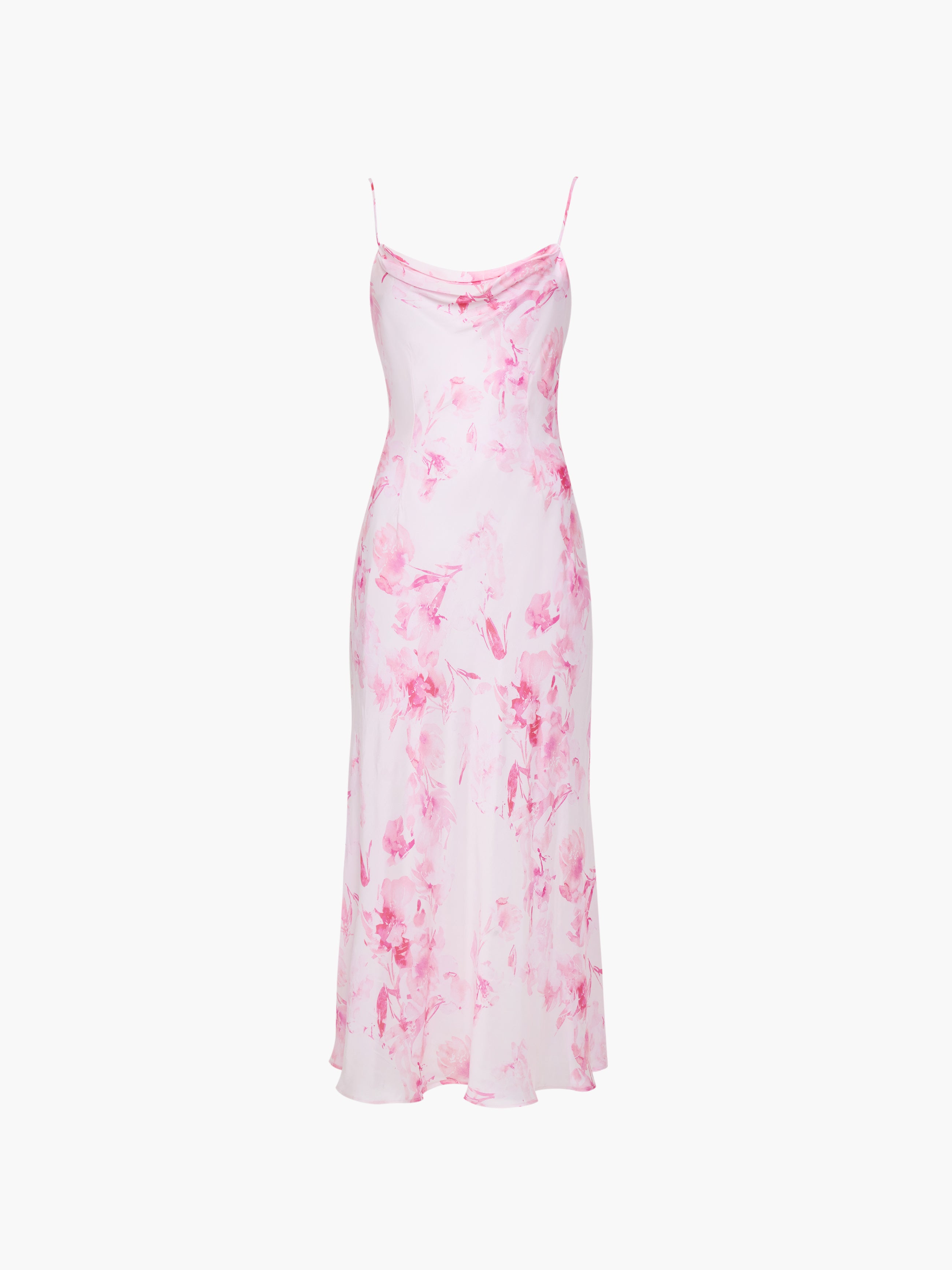 Oona Satin Cowl Neck Pink Floral Midi Dress