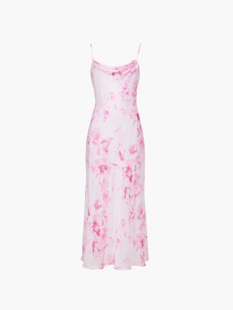 Oona Satin Cowl Neck Pink Floral Midi Dress