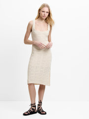 Nellis Square Neck Cream Crochet Knit Midi Dress