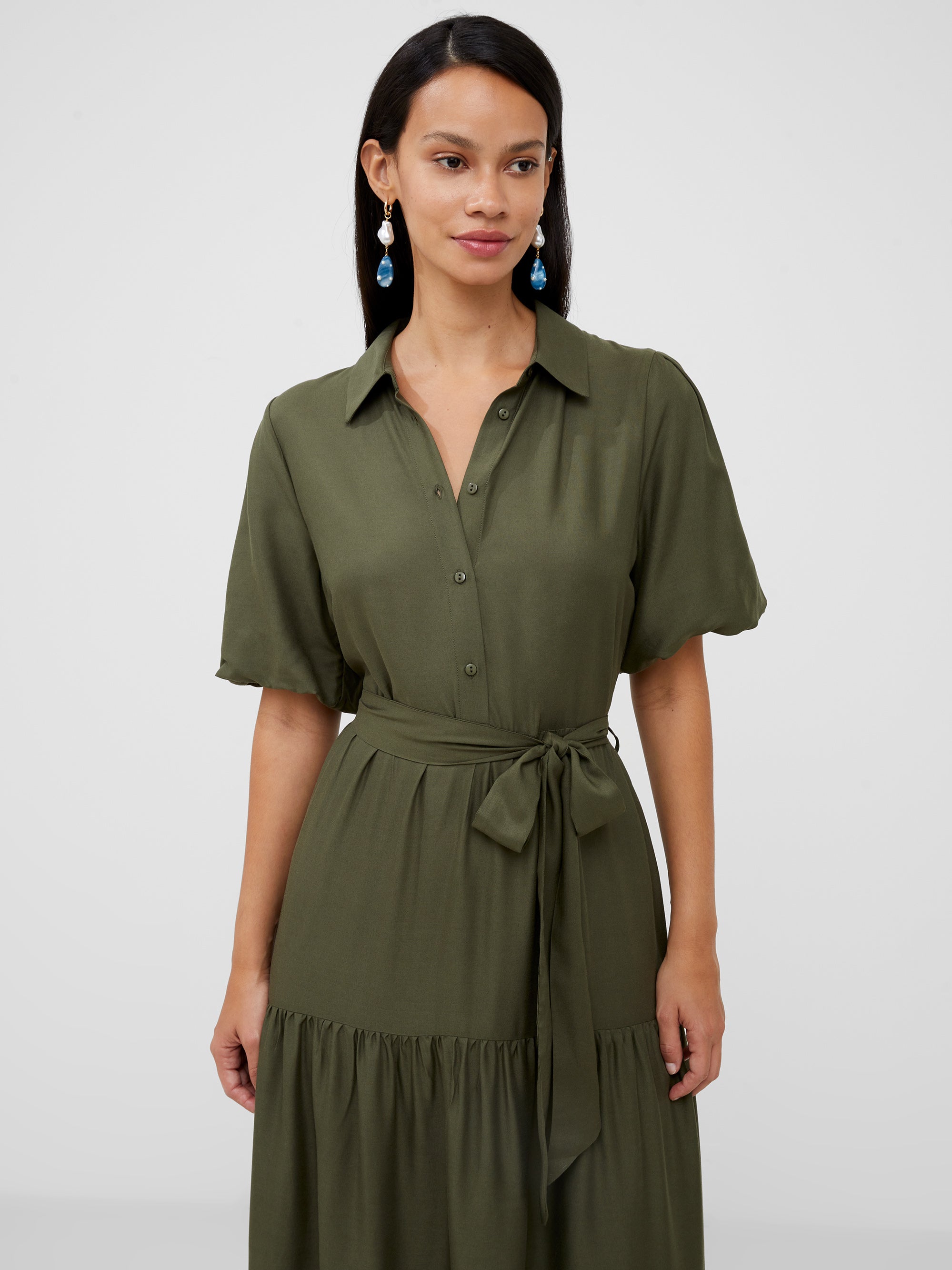 Puff Sleeve Tiered Midi Shirt Dress