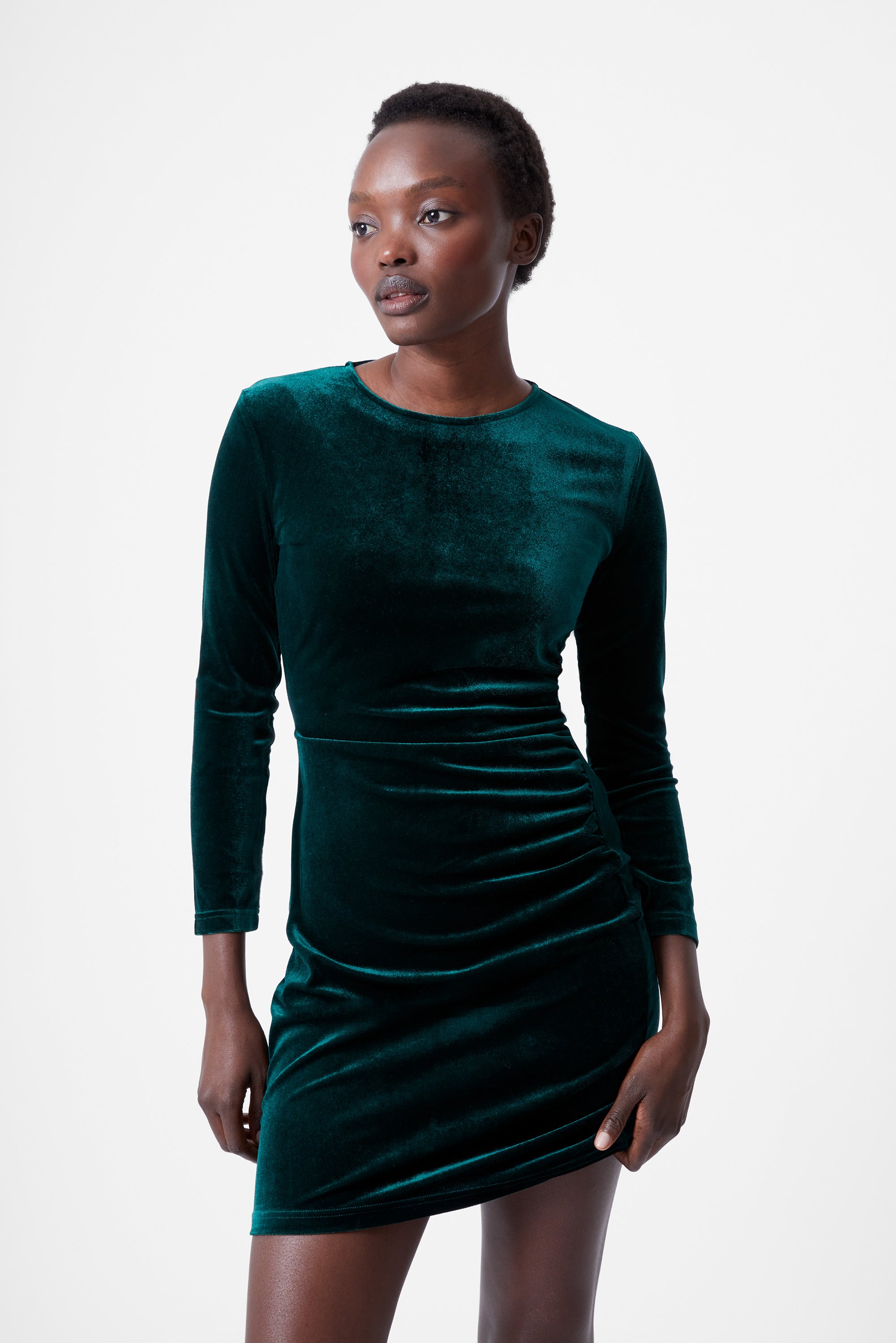 Velvet Ruched Long Sleeve Mini Dress