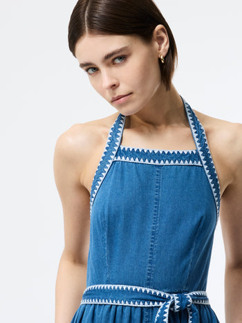 Zaves Chambray Denim Halterneck Midi Dress
