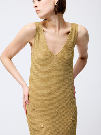 Floral Applique Metallic Midi Dress