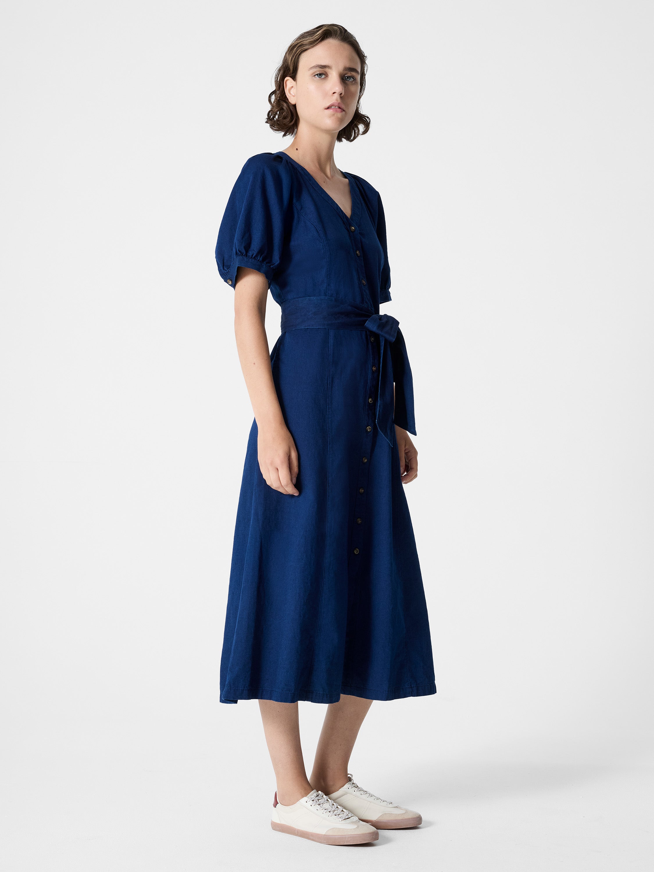 Zaves Chambray Denim V Neck Midi Dress