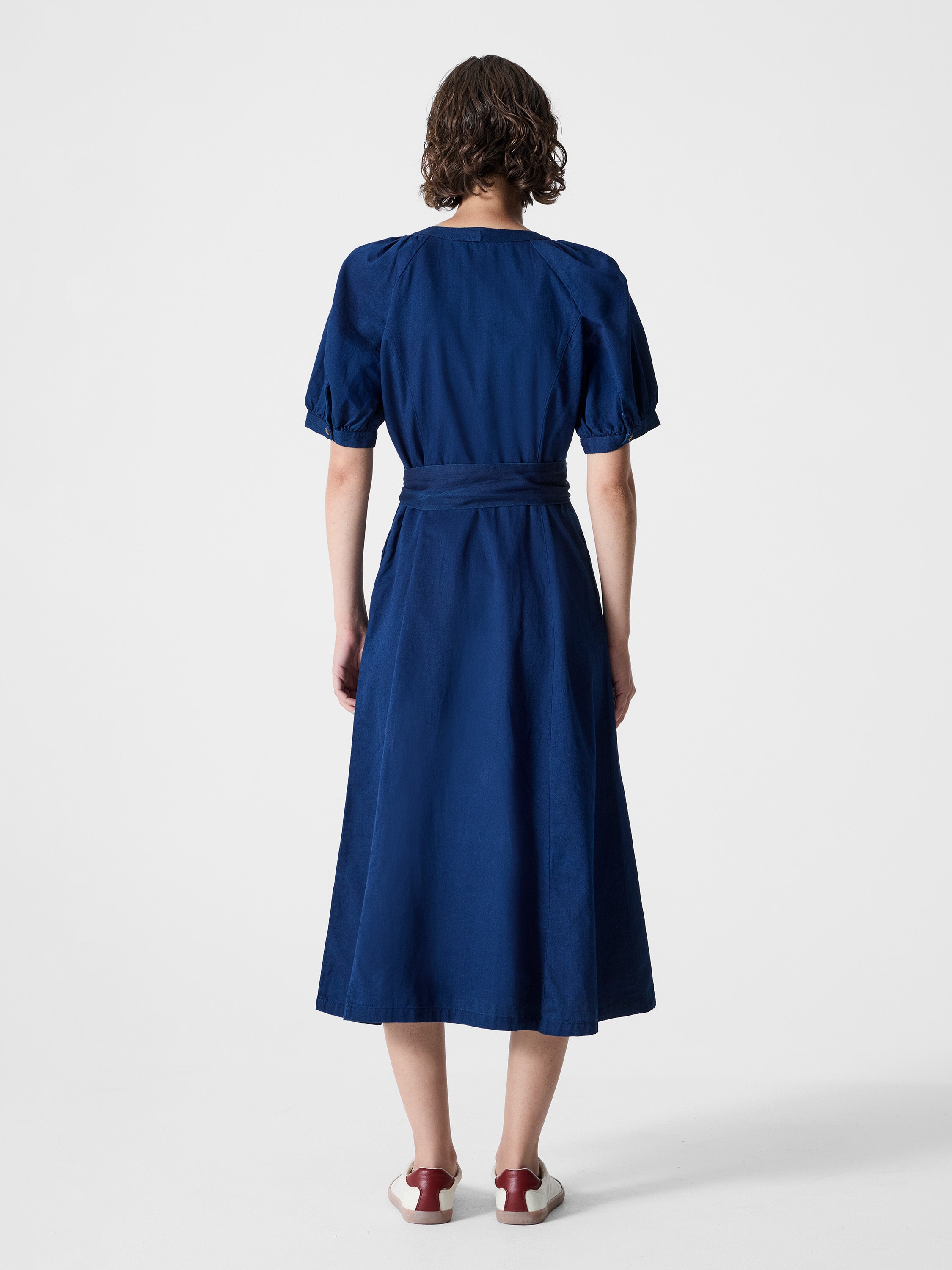 Zaves Chambray Denim V Neck Midi Dress