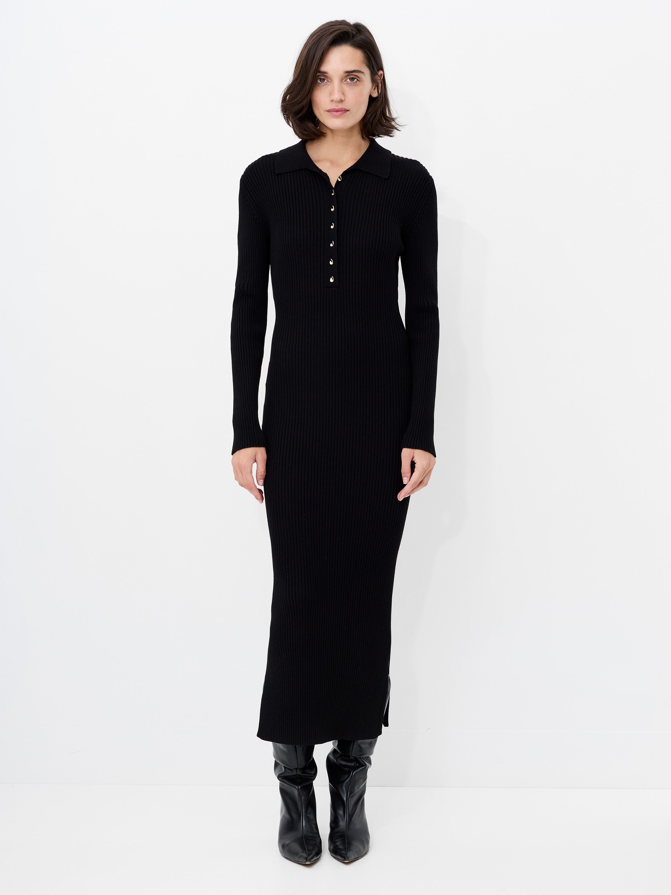 Mari Knit Long Sleeve Collared Midi Dress