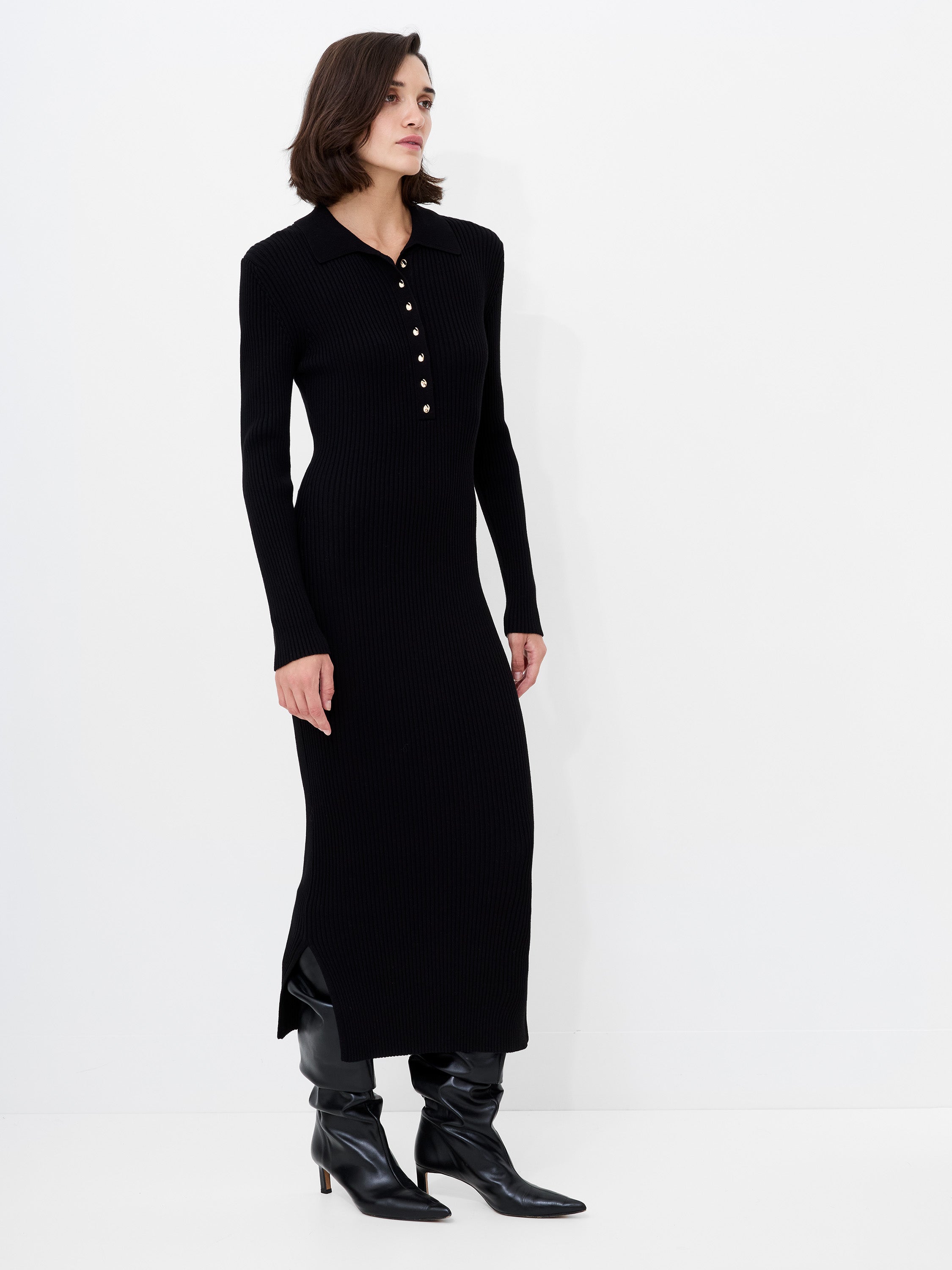 Mari Knit Long Sleeve Collared Midi Dress