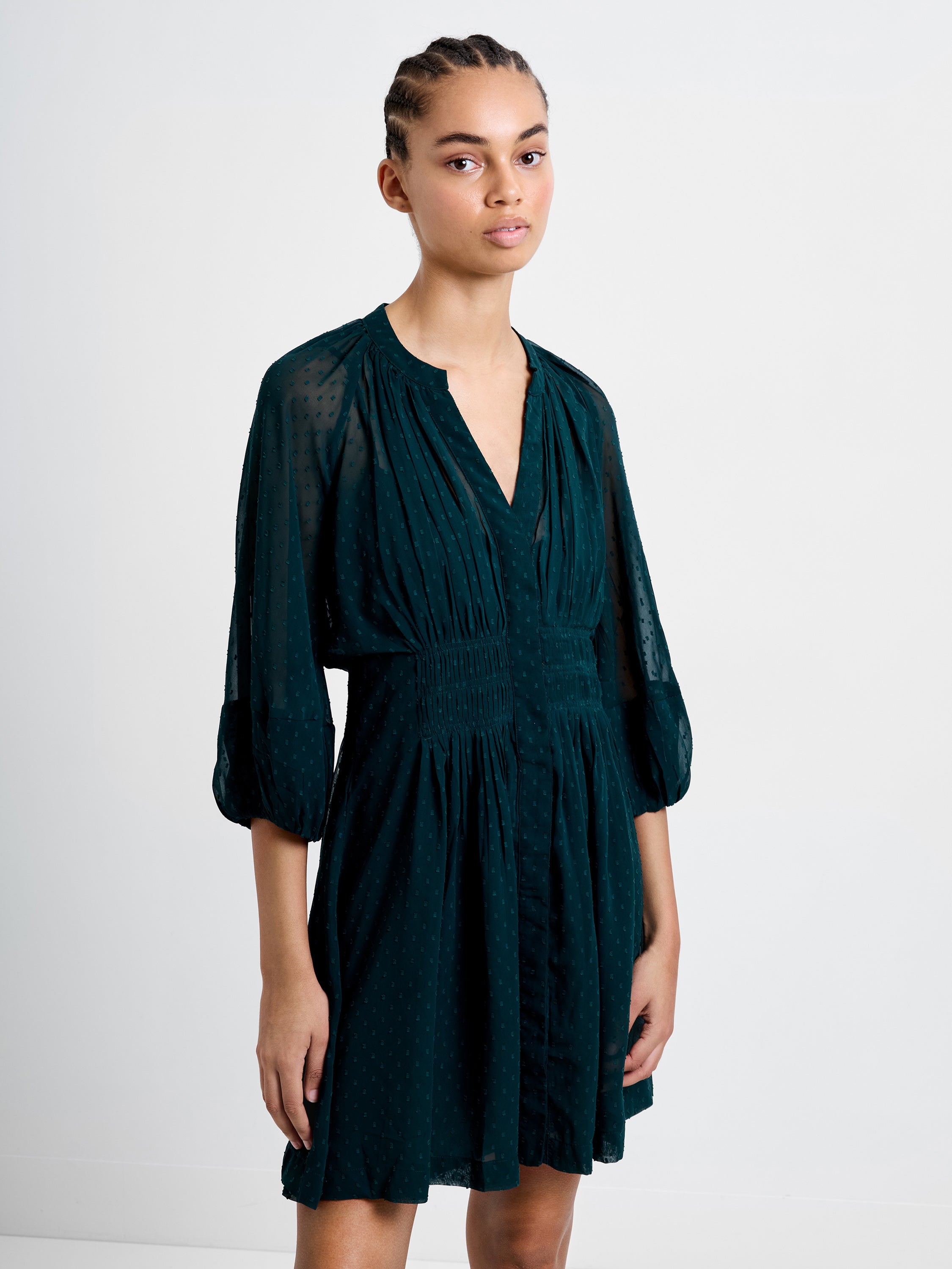 Dobby Pleated Waist Mini Dress