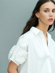 Sindey Cotton 3D Floral Short Sleeve White Popover Shirt