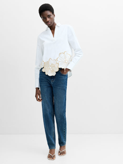 Cotton Floral Embroidered Hem White Popover Shirt