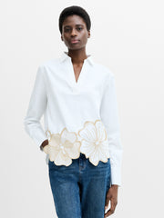 Cotton Floral Embroidered Hem White Popover Shirt