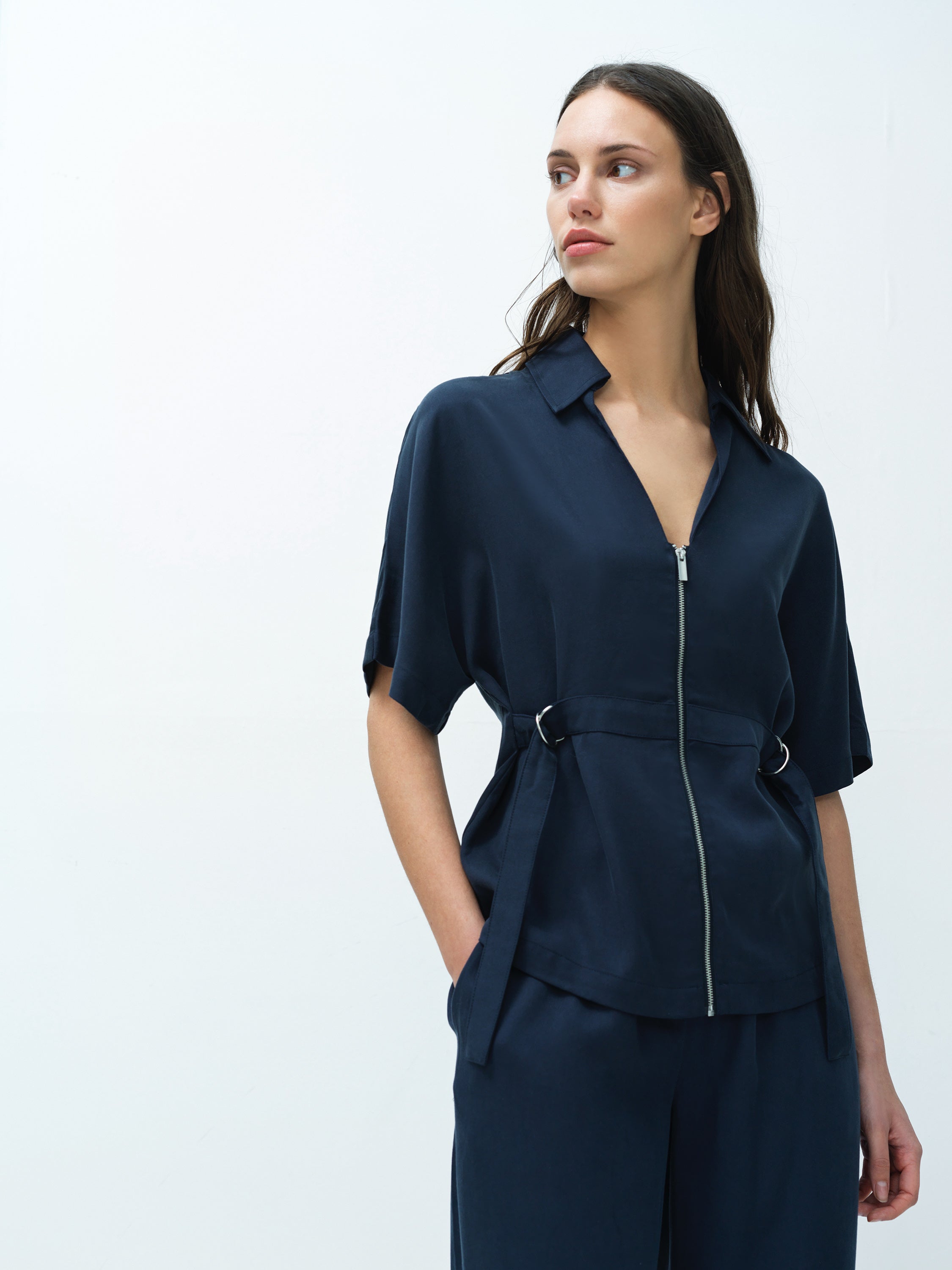 Yassie Utility Zip Front Tie Waist Navy Blue Shirt