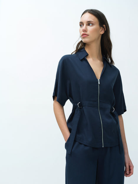 Yassie Utility Zip Front Tie Waist Navy Blue Shirt