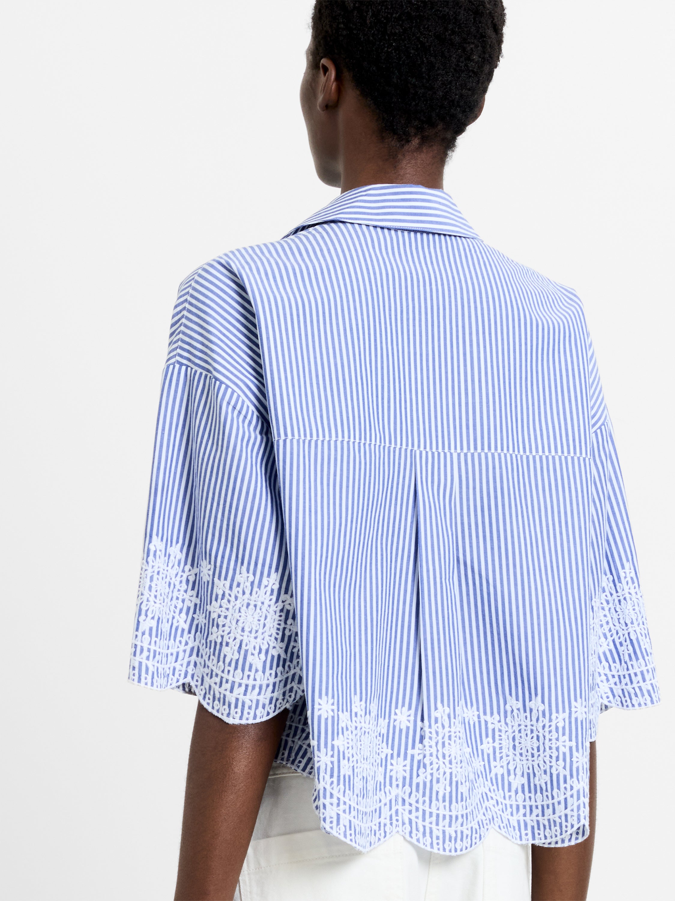 Stripe Embroidered Hem Popover Shirt