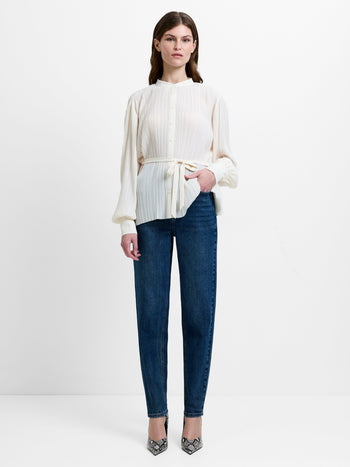 Noelle Plisse Military Tie Up Cream Blouse