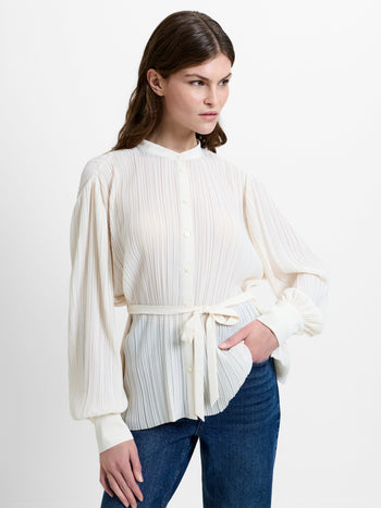 Noelle Plisse Military Tie Up Cream Blouse
