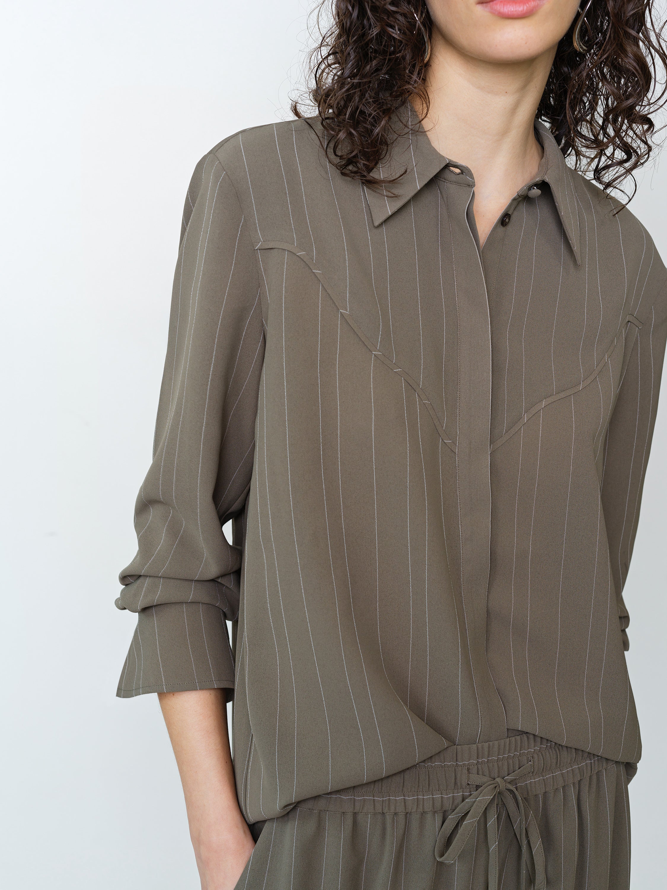 Erma Pinstripe Western Yoke Khaki Green Shirt