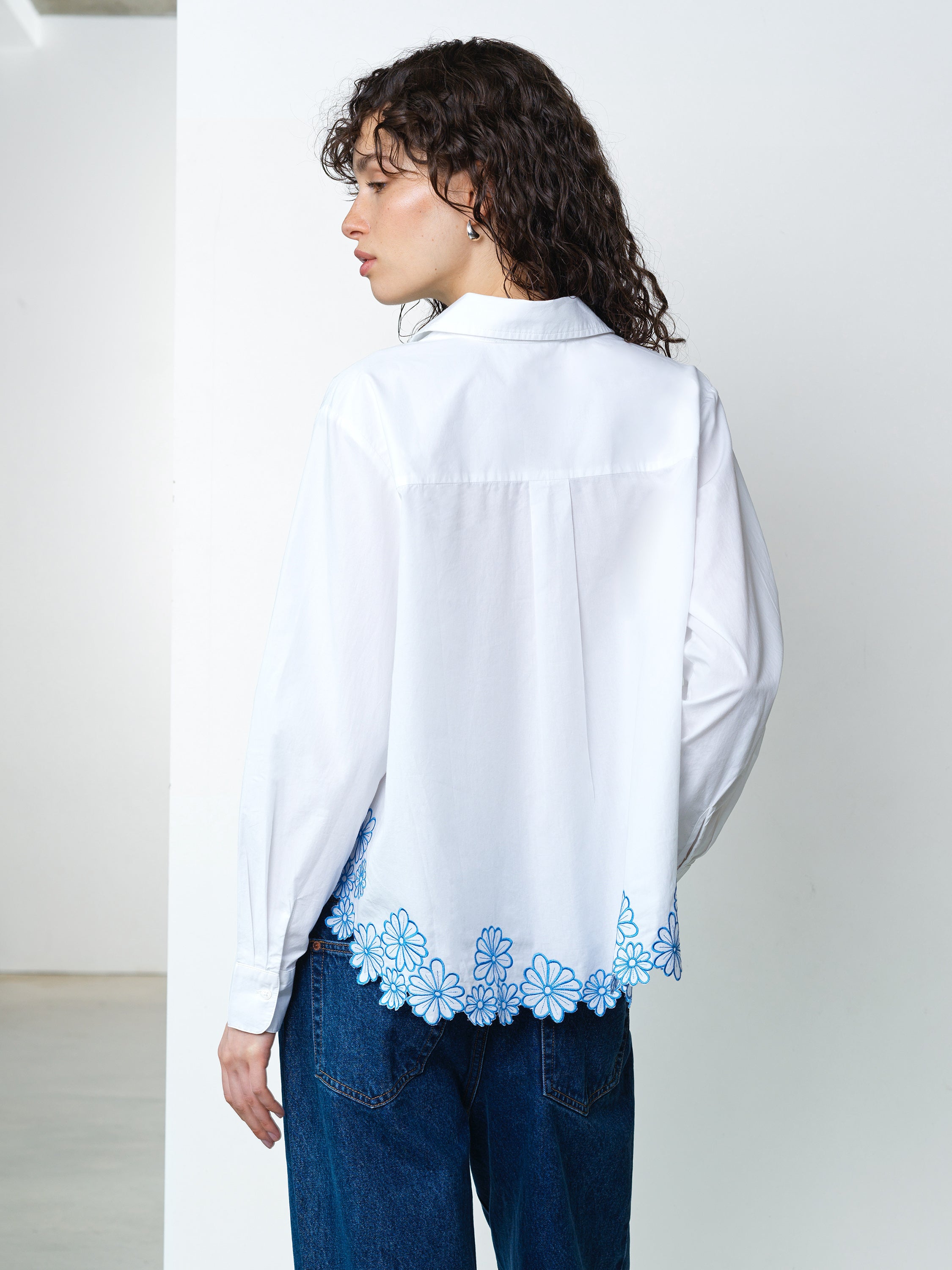 Cambria Cotton Floral Embroidered Hem White Shirt