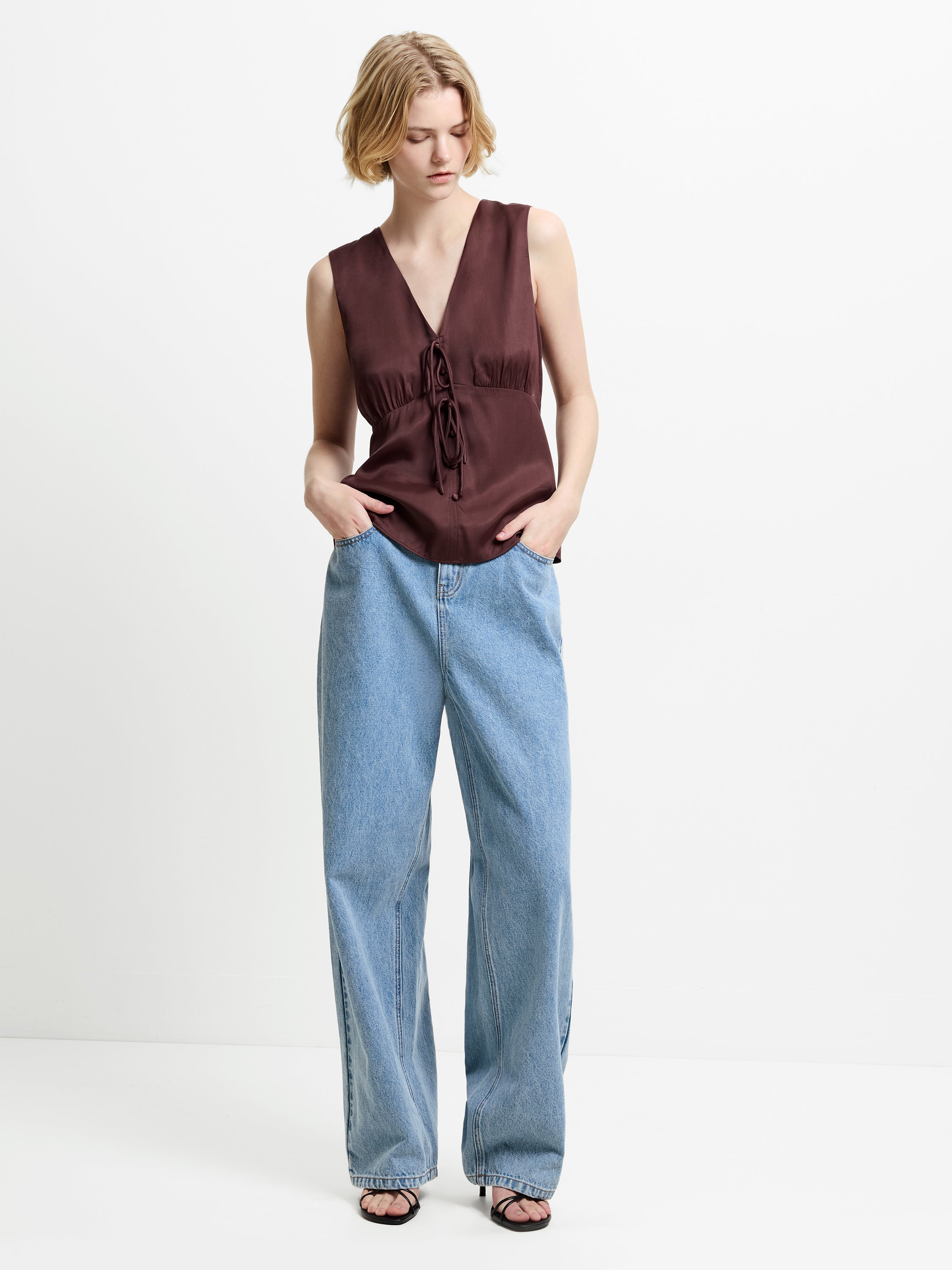 Candice Satin Bow Brown Tie-Up Top