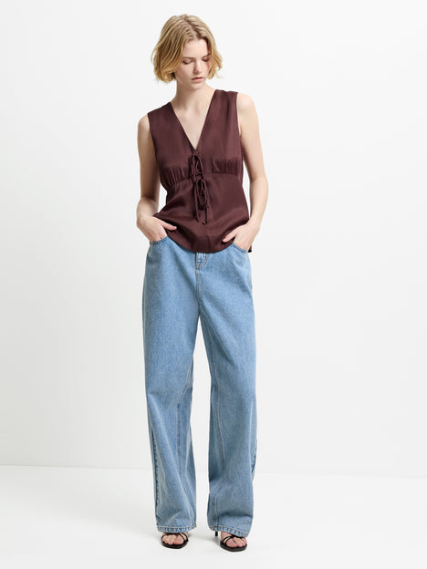 Candice Satin Bow Brown Tie-Up Top