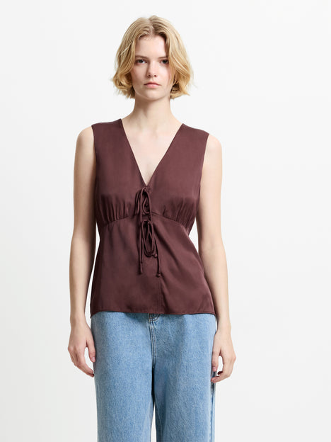 Candice Satin Bow Brown Tie-Up Top