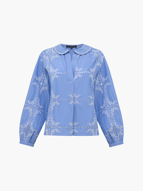 Peter Pan Collar Floral Embroidered Blue Top