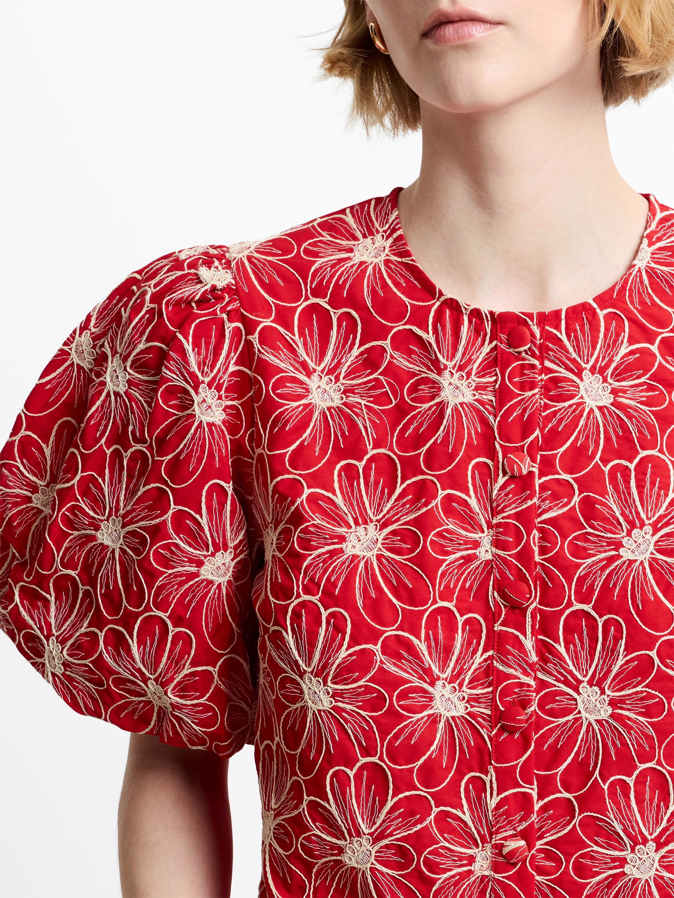 Rory Cotton Floral Embroidered Puff Sleeve Red Top