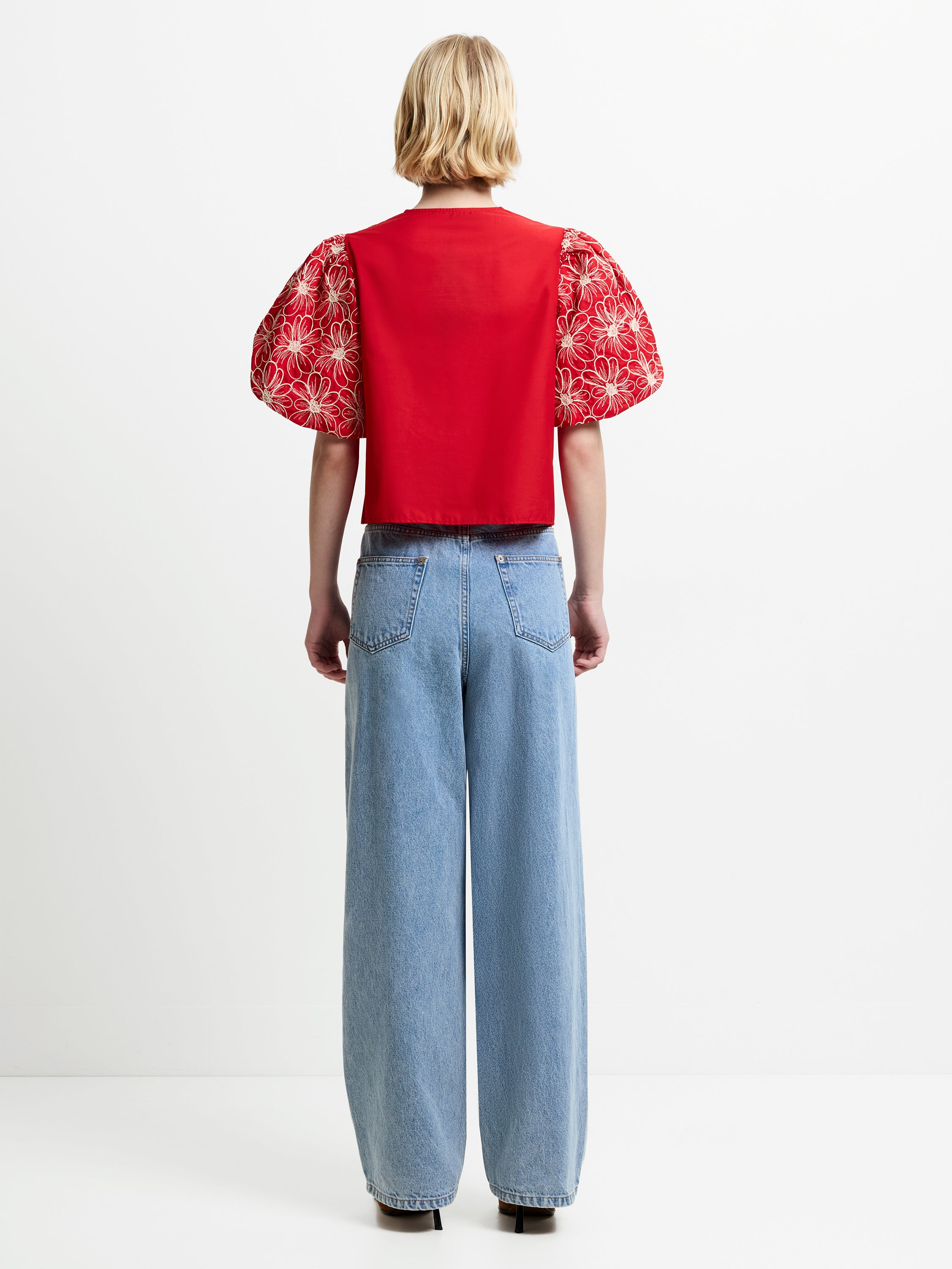 Rory Cotton Floral Embroidered Puff Sleeve Red Top