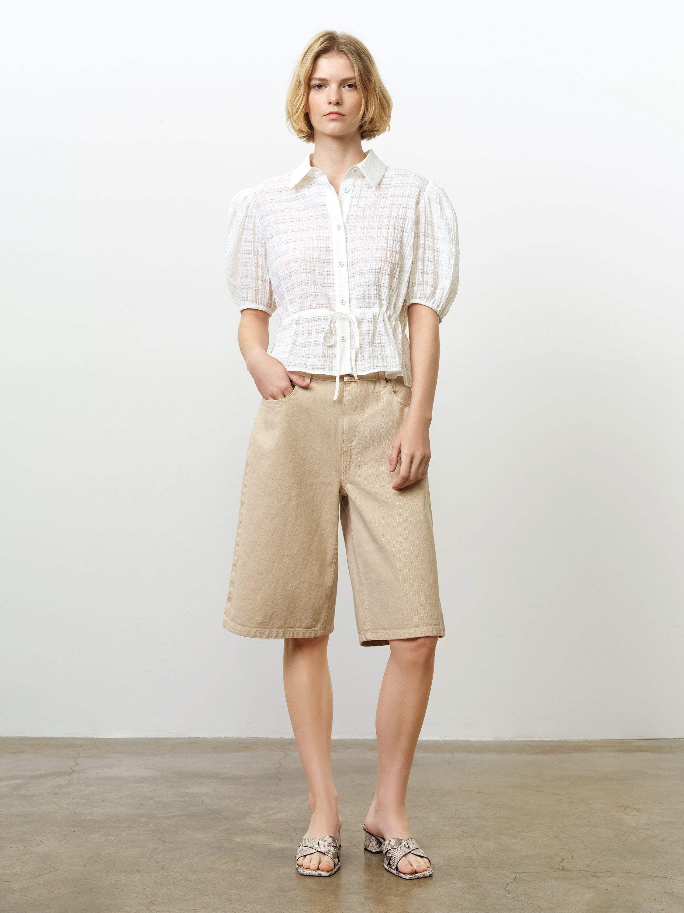 Shanaya Puff Sleeve Seersucker Drawstring White Shirt